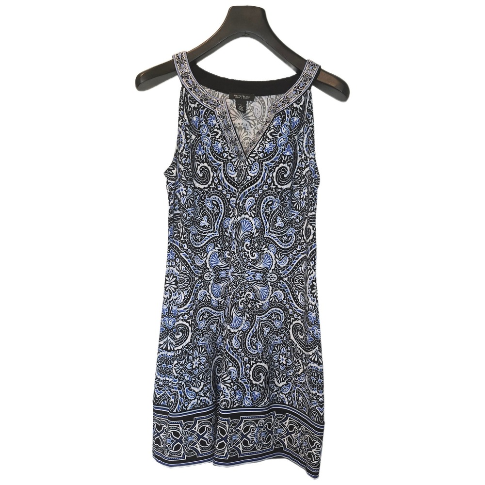 White House Black‎ Market Blue Paisley Beaded V-Neck Sheath Dress Womens Medium